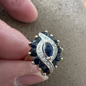 Solid 14 K gold ring w/ natural blue sapphires and diamonds